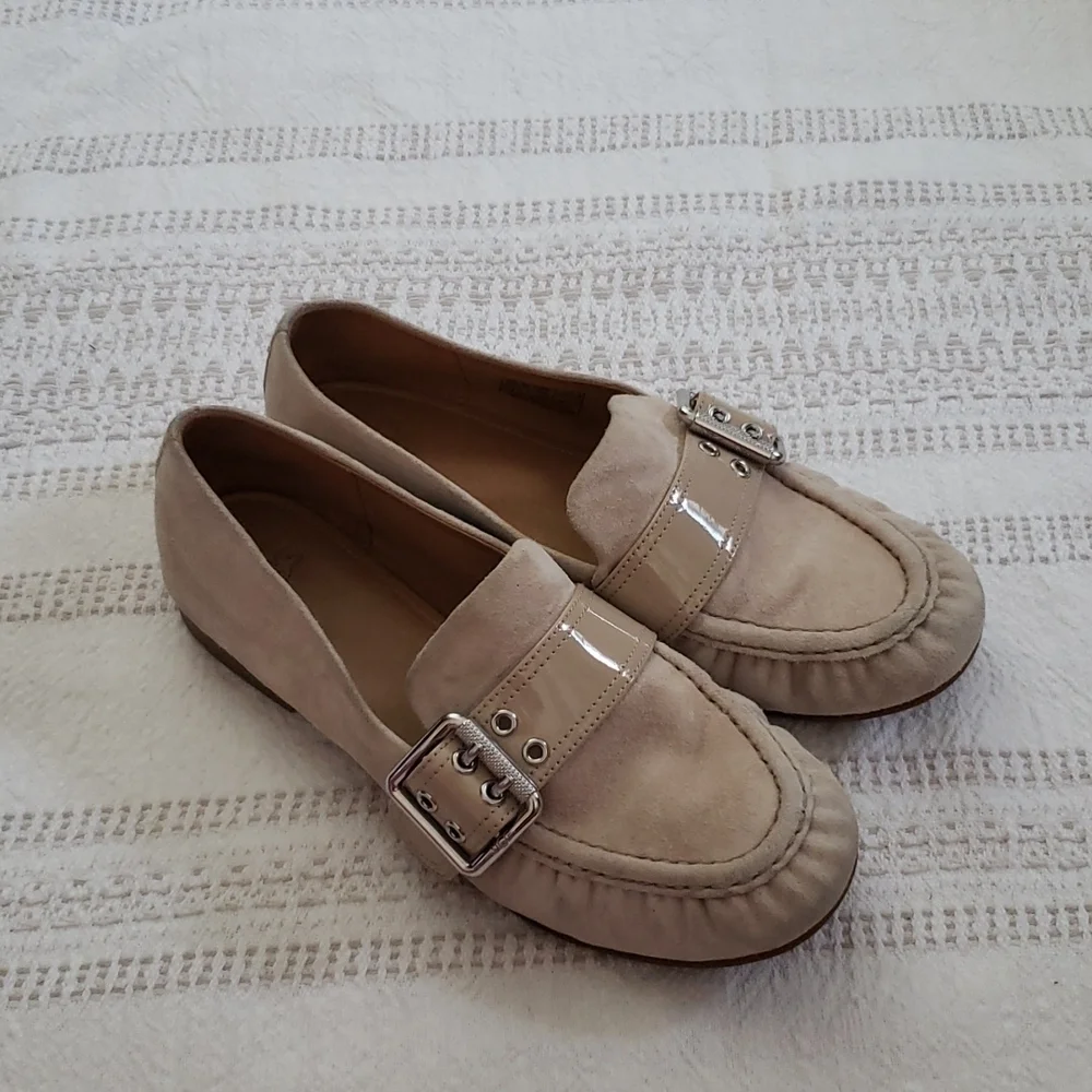 UGG suede beige loafer, slip on, silver buckle, flats,  women's size 7.